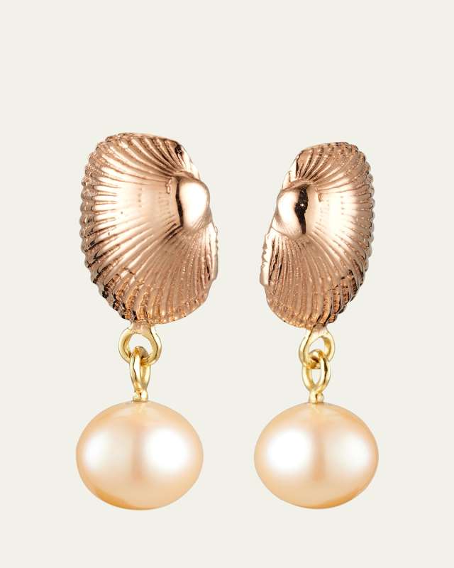 14K Rose Gold Shell Drop Earrings with Pink Freshwater Pearls